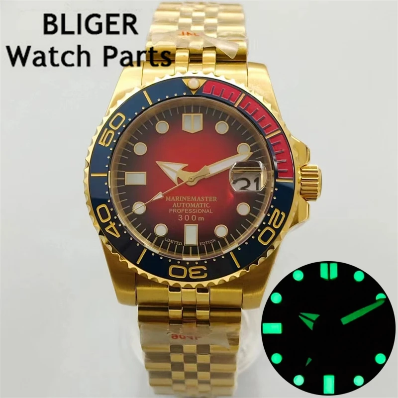 

BLIGER 40mm golden luxury Mechanical Men Watch NH35 Movement Sapphire Glass Green luminous Oyster/Jubilee bracelet Ceramic Bezel