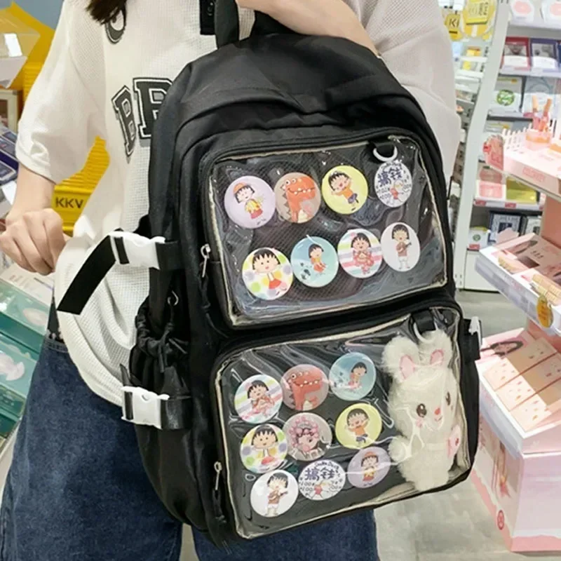 Mochila escolar grande para niñas coreanas, bolsa Kawaii Ita con placa de inserción, rosa, dos bolsillos transparentes para exhibición de pines, mujer