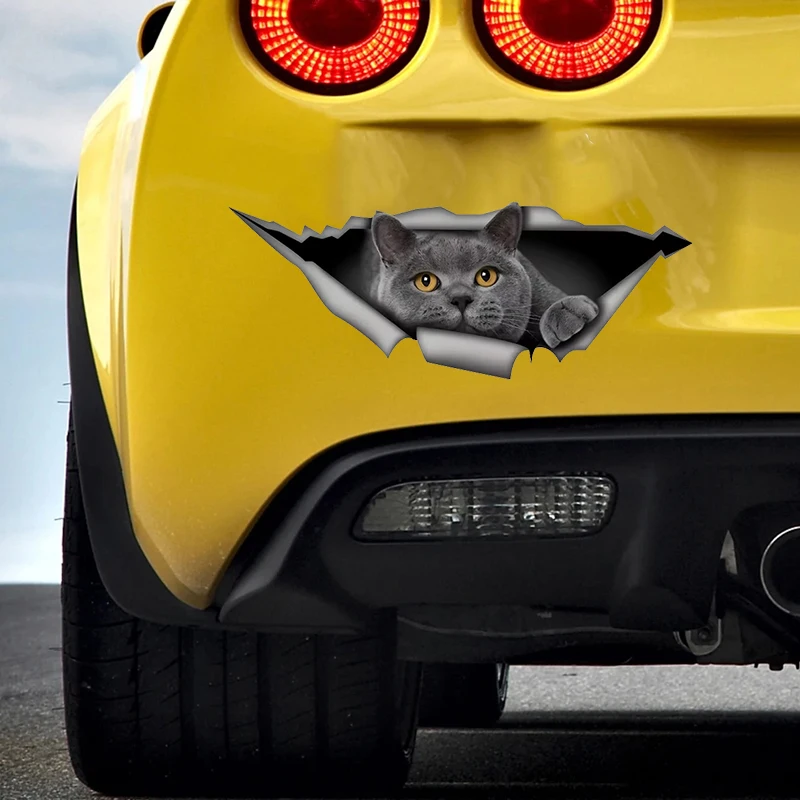 British Shorthair Cat 3D Break the Wall Car Sticker, Waterproof Vinyl Material Accessories, Interesting Creativity For Car