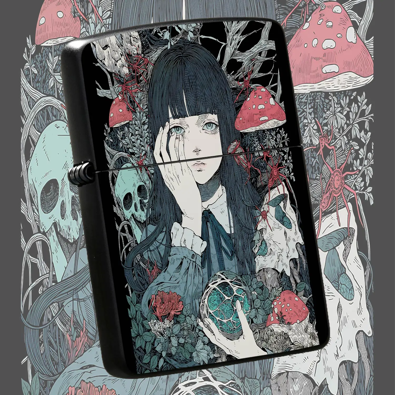 Dark Aesthetic Forest Girl Lighter, Exquisite Line Art Print With Fantasy Amanita Muscaria, Spiders And Skulls Elements, Trendy Eerie Vibe Accessory, Portable All-Purpose Daily Use Item, Unique Creative Present For Art A Humorous And Intere