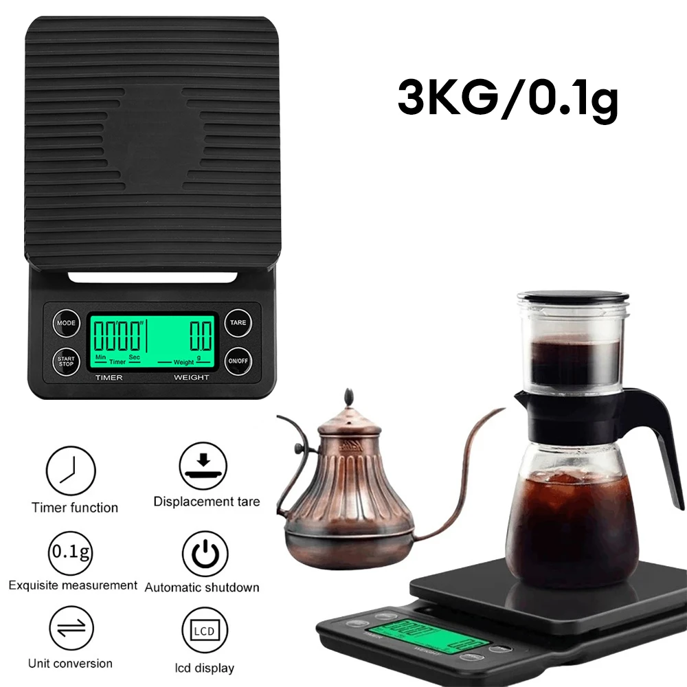 Bilancia per caffè di precisione nera da 1 pz bilancia elettronica LCD da 3kg/0.1g con Timer bilancia da cucina digitale ad alta precisione