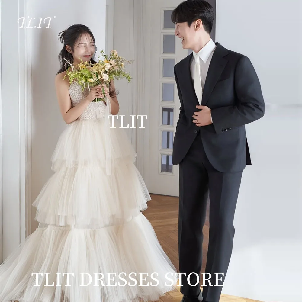 TLIT elegante witte gelaagde tule trouwjurk strapless kanten galajurken Korea bruidsjurk foto's schieten aangepaste korsetjurk