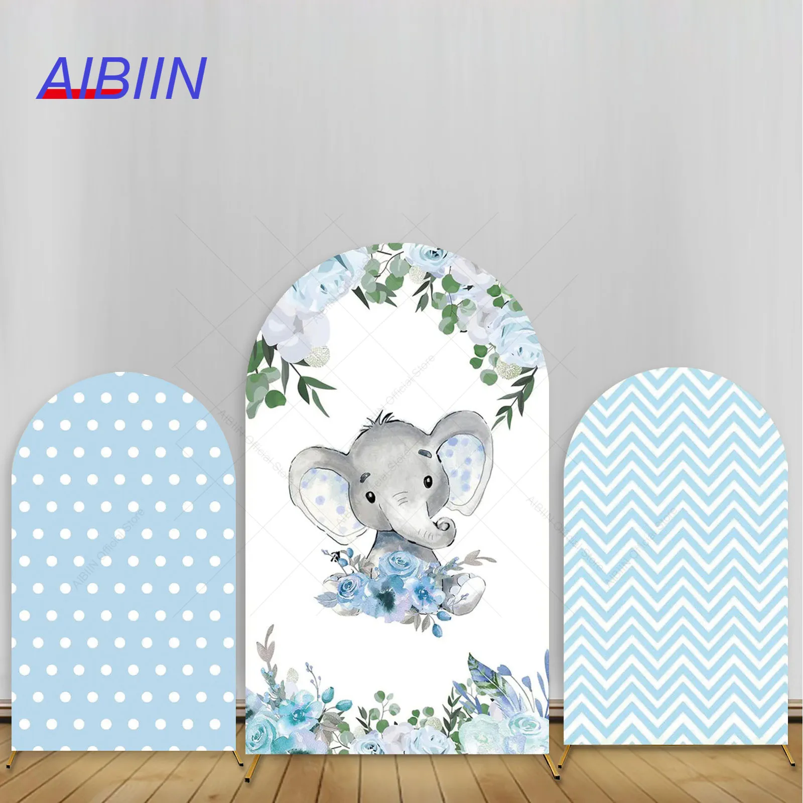 

Elephant Blue Polka Dots Stripe Arch Backdrop Cover Boy Baby Shower 1 Year Birthday Party Decor Spandex Photography Background