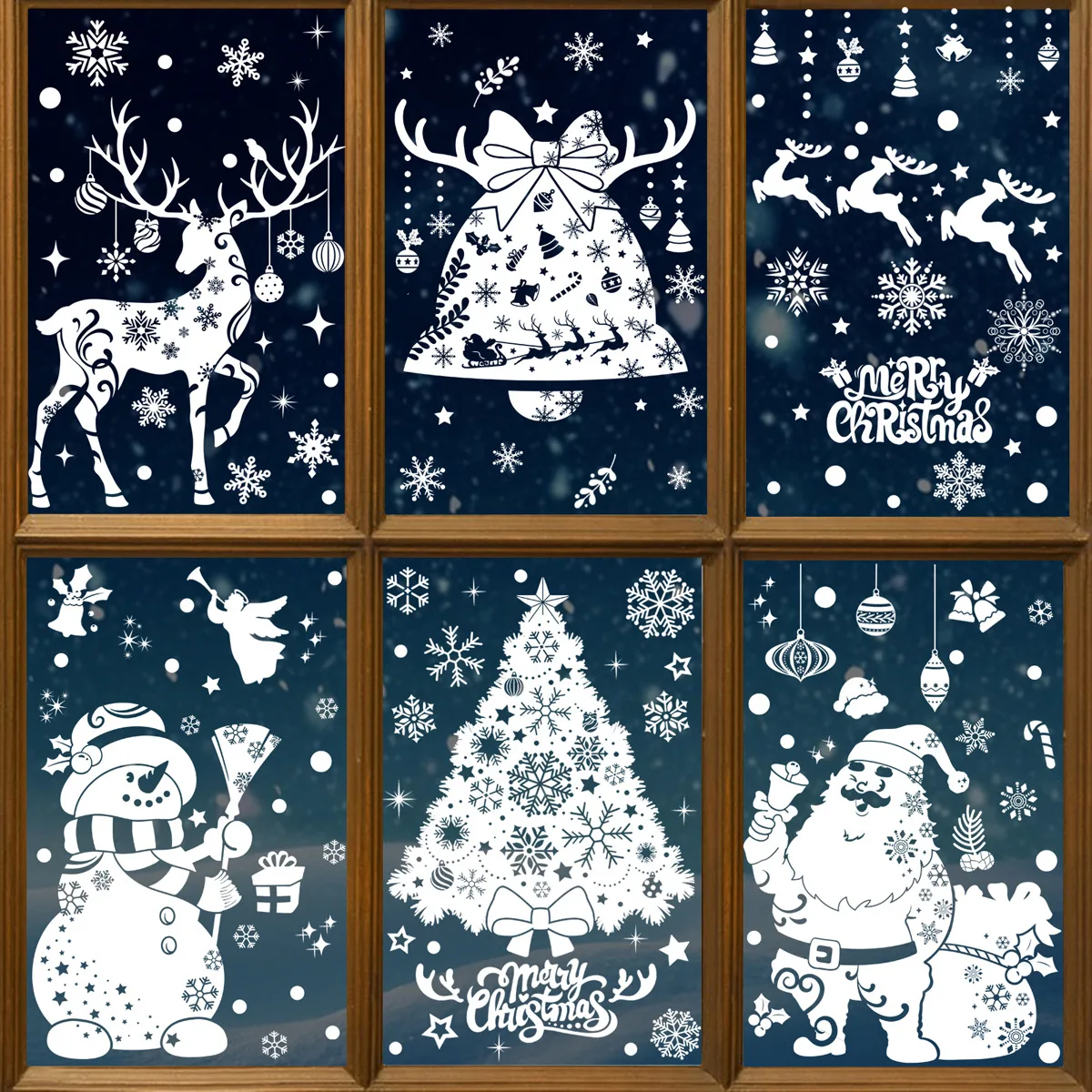 1SET Christmas Tree Window Clings White Reindeer Snowflake Xmas Window Decorations Sticker Reusable Christmas Window Door Decals