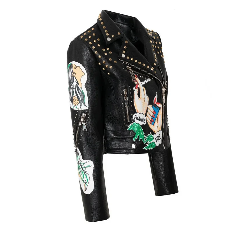 Steampunk Rivet Cropped Faux Leather Jacket for Women 2024 New Streetwear Contrast Graffiti Print Black Motorcycle Jacket Femme