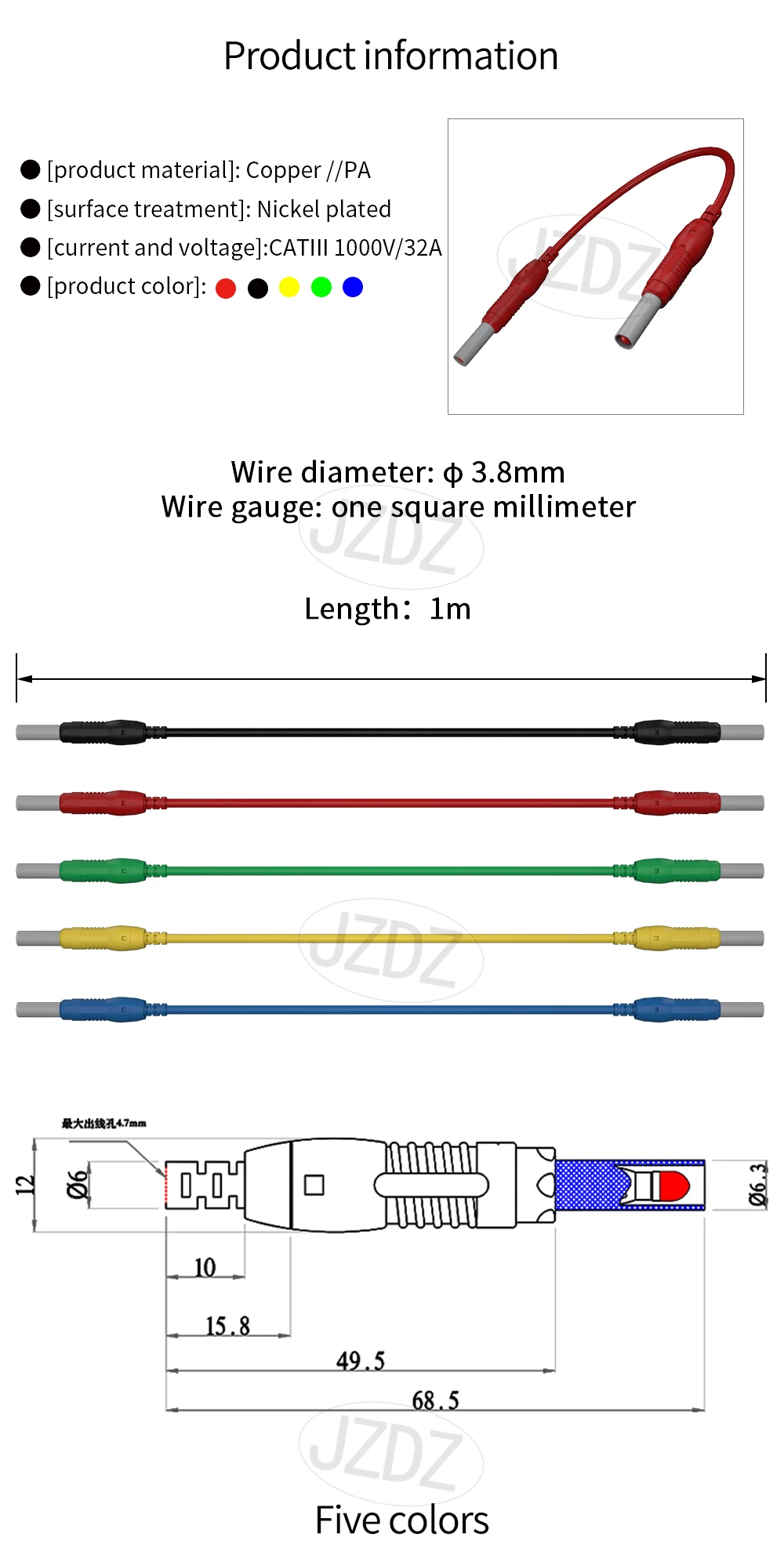 JZDZ 5PCS 4MM einziehbarer Sicherheits-Bananenstecker auf Bananenstecker Messleitung 1M vernickelter Kupfer-Bananenstecker J.70019 – Detail 1