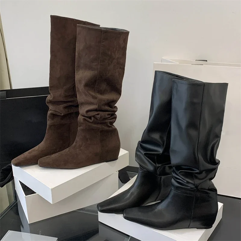 

Aneikeh, удобные стильные сапоги выше колена, женская обувь на танкетке и низком каблуке, модные высокие сапоги до бедра, Botas Para Mujer