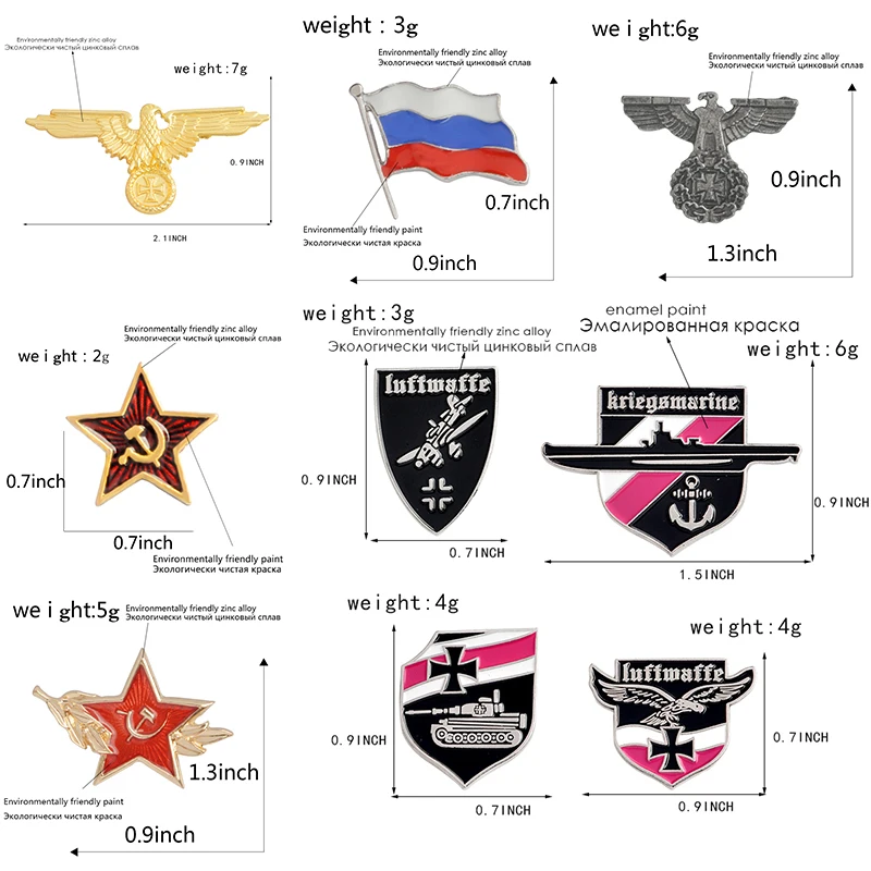 Cold War Enamel Pins Russian Flag German Tank Bombing Plane Battleship Eagle Badge Brooches Lapel pin Gift Military Enthusiast