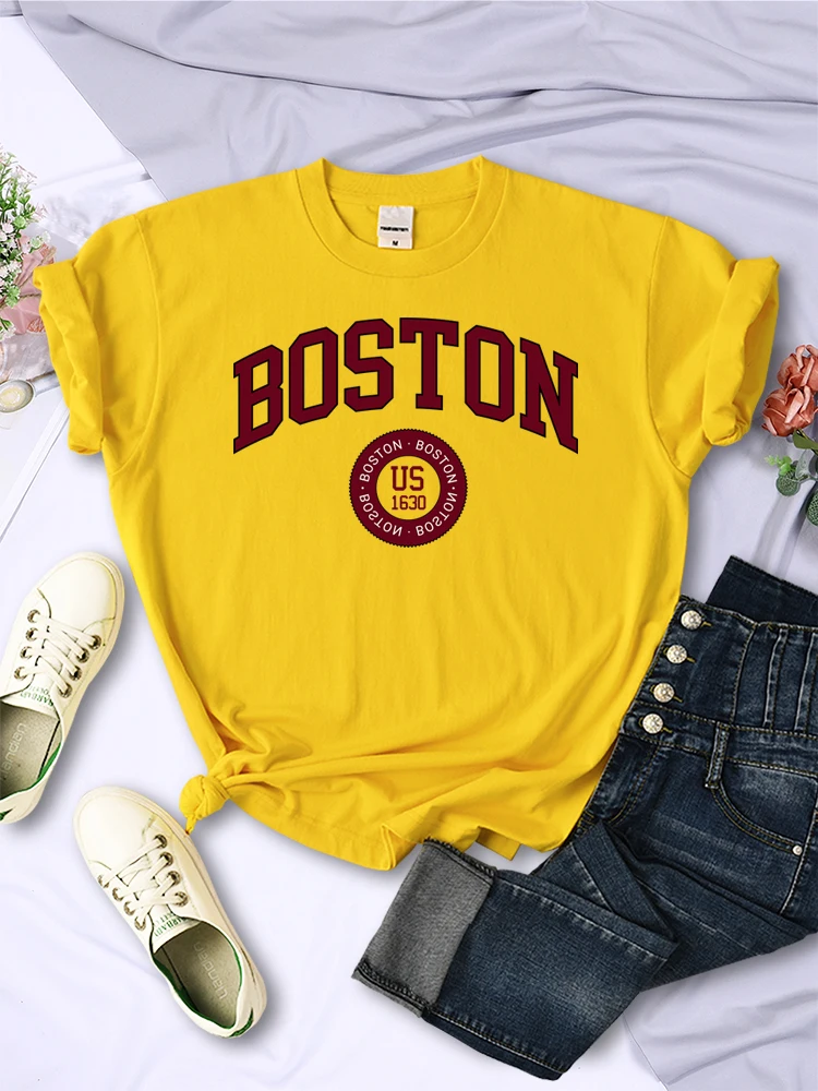 Boston City Us Founded In 1630 Prints Women Tshirt Hip Hop Harajuku T-Shirt Casual Soft Clothing O-Neck Breathable Short Sleeve