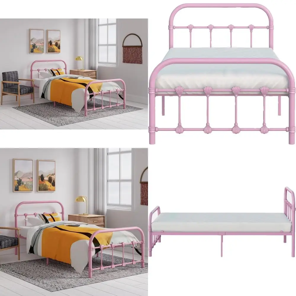 

Vintage Twin Size Steel Bed, Rounded Molded Castings, Ideal for Kids' Bedroom, No Box Spring Needed, Pink