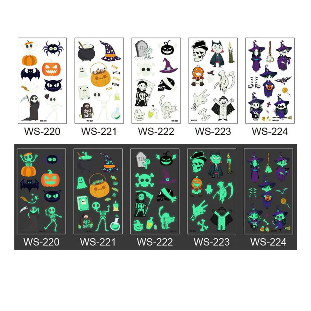 

5 Pcs Night Glow Temporary Tattoos Safe Kids Body Stickers Halloween Party Supplies Funny Cartoon Festival Decorations Easy Tear