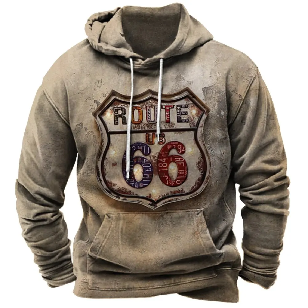 Route 66 Men\'s Hoodie Casual Pullover 3D Printed Pattern Sweatshirt Vintage Men\'s Clothing Autumn Winter Tops 2024 New Outerwear