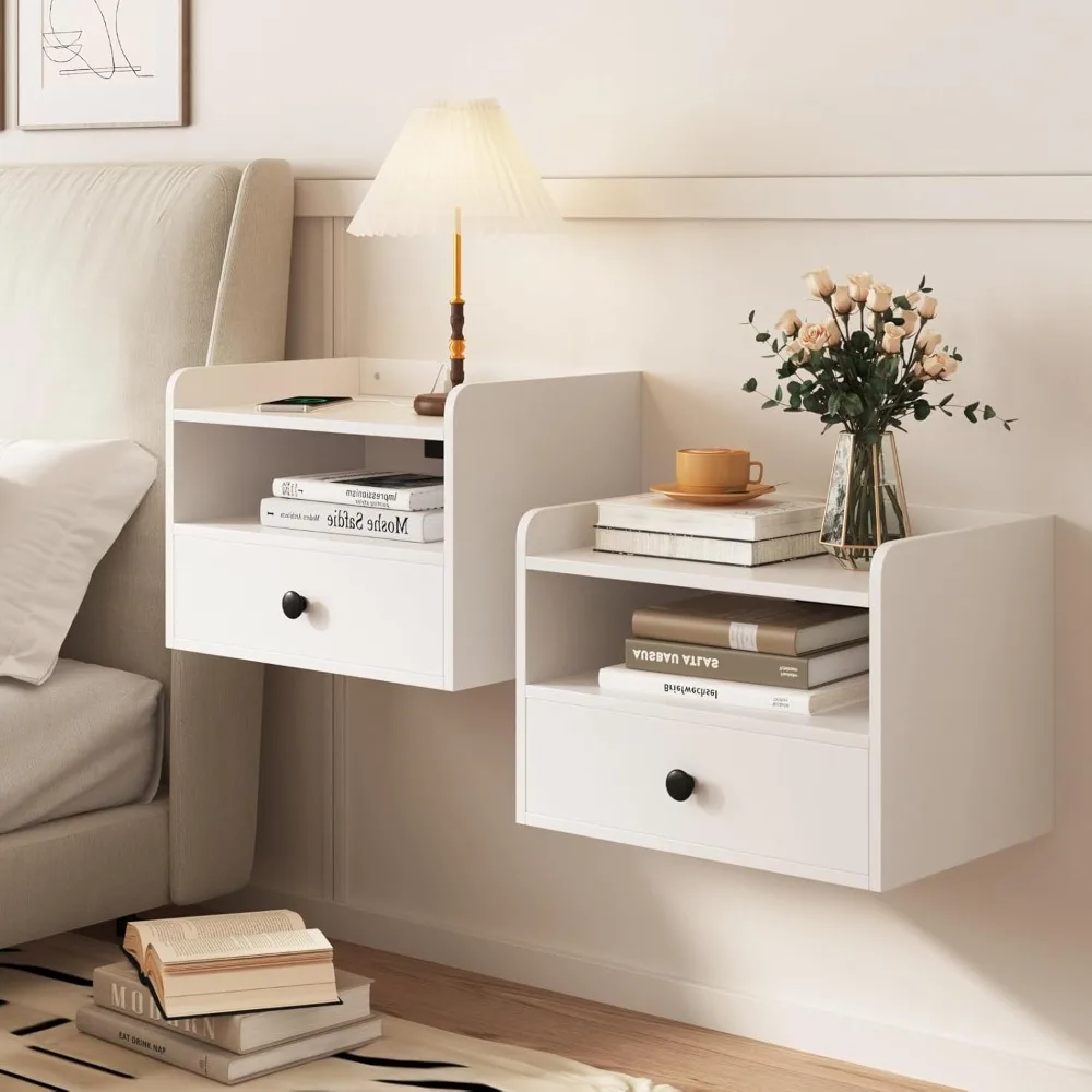 

floating nightstand set of 2 modern night stands with drawer and open shelf cubby small bedside end table with charging station