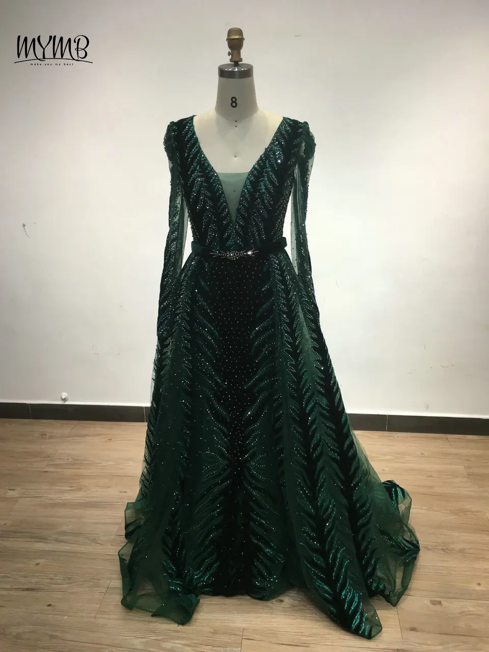 MYMB Muslimische Abendkleider in A-Linie mit langen Ärmeln für formelle Anlässe, luxuriöse arabische Hochzeitsgastkleider mit V-Ausschnitt und Perlen – Detail 9