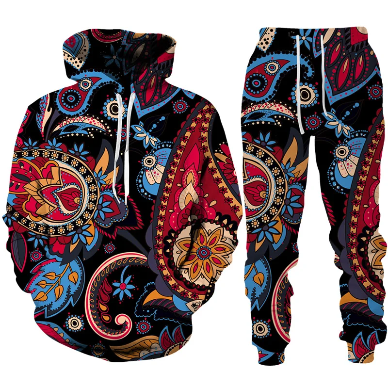 Men Hoodies Sets Colorful Cashew Flower Tracksuit Men 2 Piece Set 3D Print Casual Hoodie Pants Fashion Jogging Man Sportswear