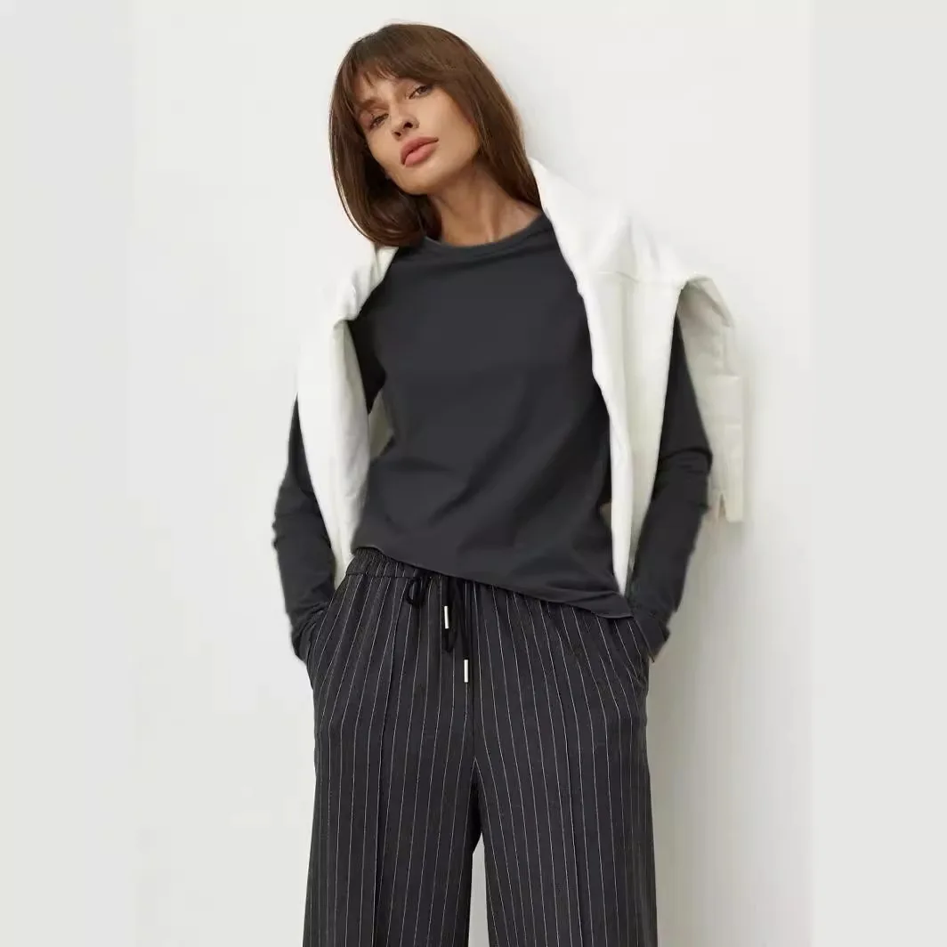 Dames T-shirt van puur katoen met lange mouwen Modieus Casual Veelzijdige trui Ronde hals Losse top voor lente en herfst