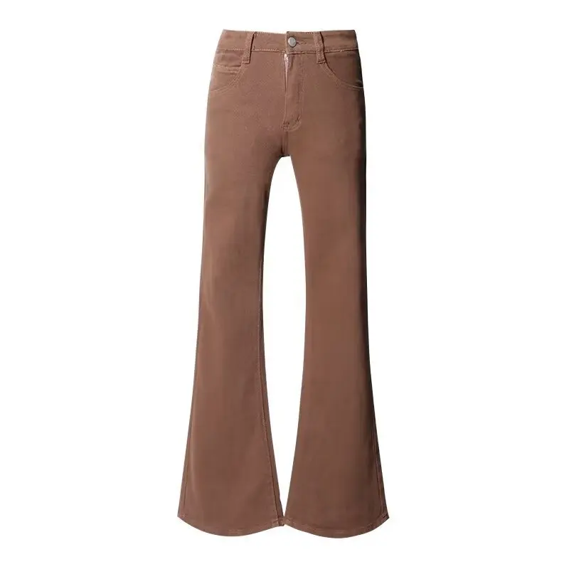 Americano retro marrom jeans magros feminino 2025 primavera quente e outono cintura alta magro emagrecimento estiramento ferradura queimado calças