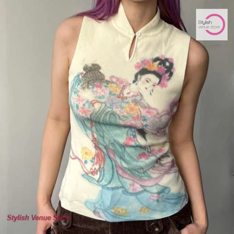 New Chinese Fairy Printed Cheongsam Neck Vest Women's Summer Fashion Self-cultivation Temperament Design Joker Casual Top