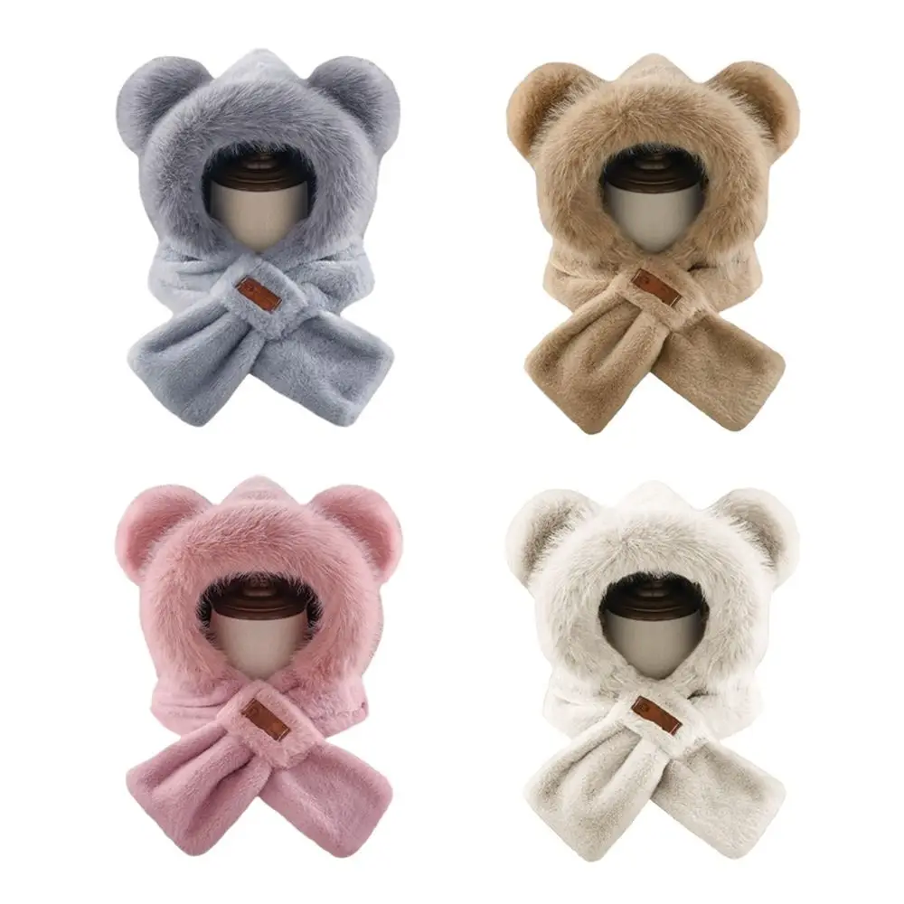 หมวกไหมพรมบุผ้าพลัฌนุ่มแบบหนาสำหรับฤดูหนาว พร้อมผ้าพันคอในตัว ป้องกันลมหนาว อุ่นสบาย เหมาะสำหรับผู้หญิง