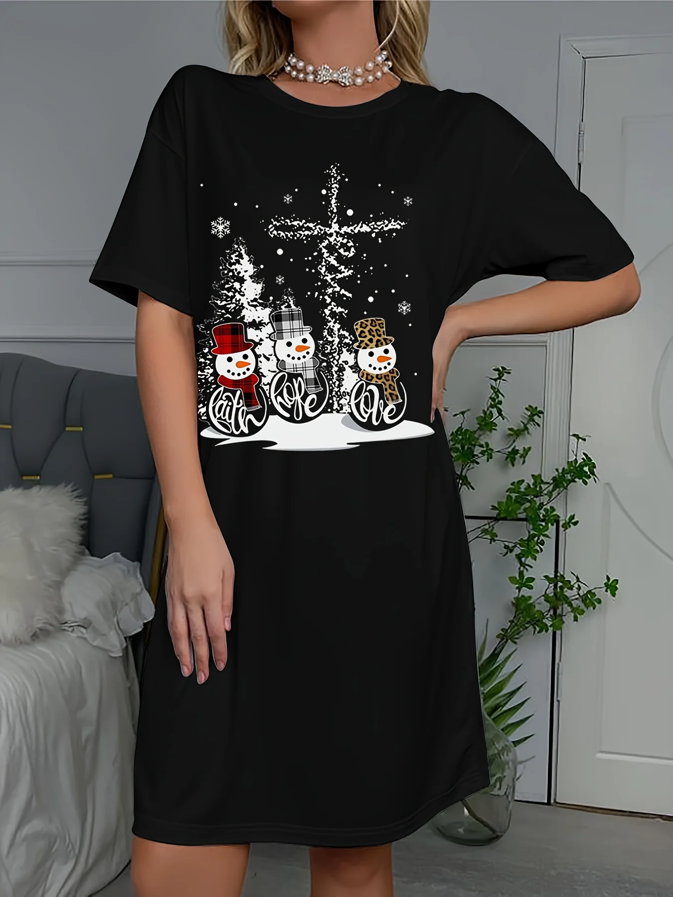 Dames Fun Kerst 3D Gedrukt Sneeuwpoppen Patroon T-shirt Jurk Comfortabele A-lijn Damesjurk Kerstkostuum Y2k Kleding