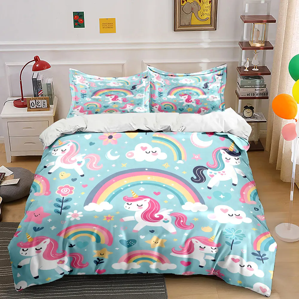 Fantasy pink unicorns and rainbows Print Bedding Set 1 Duvet Cover 2 Pillowcases for Adult and Children Luxury Gift Full Size
