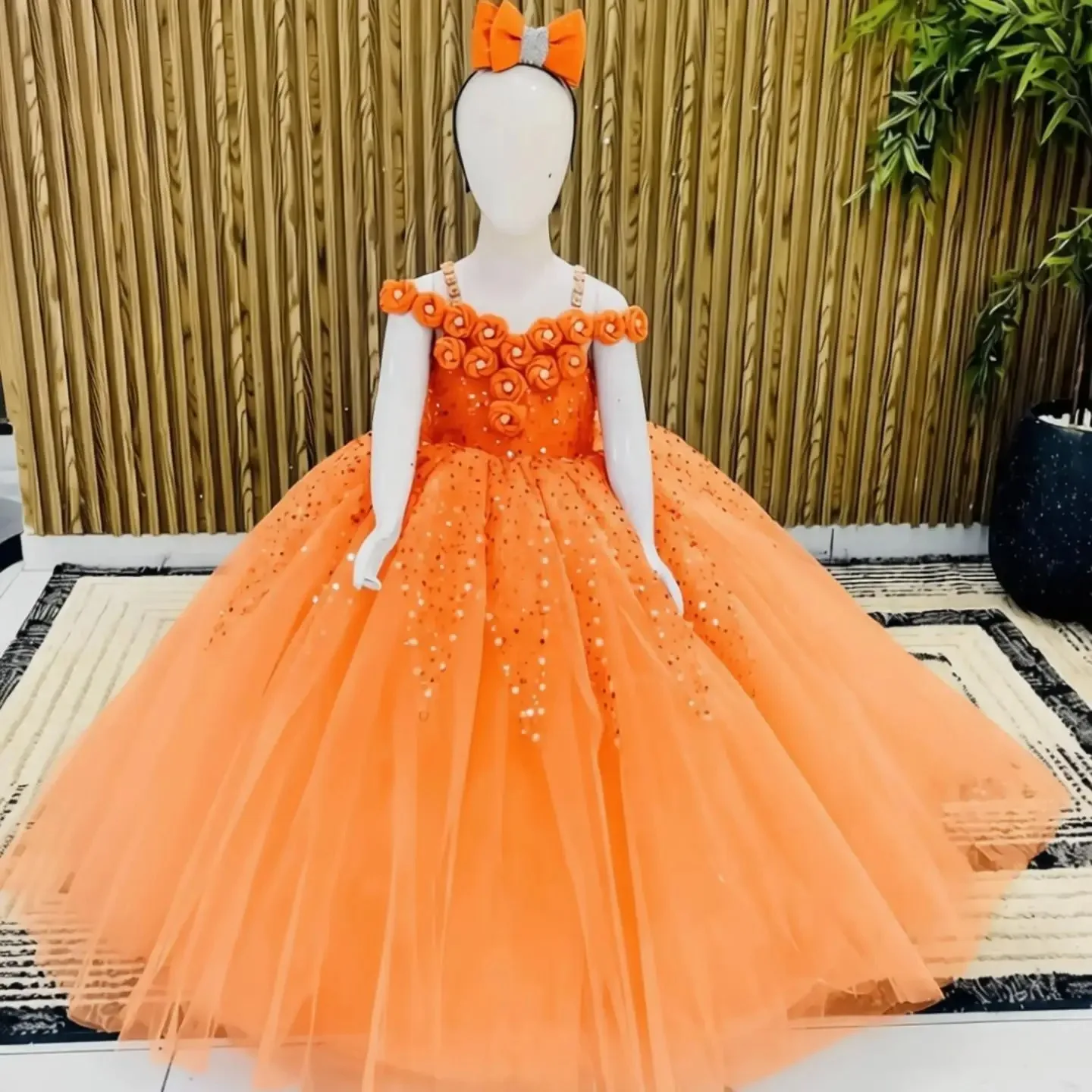 

Оранжевое платье для девочки на свадьбу с цветочными пайетками, длинное, в пол, для причастия, дня рождения, выпускного вечера, на заказ