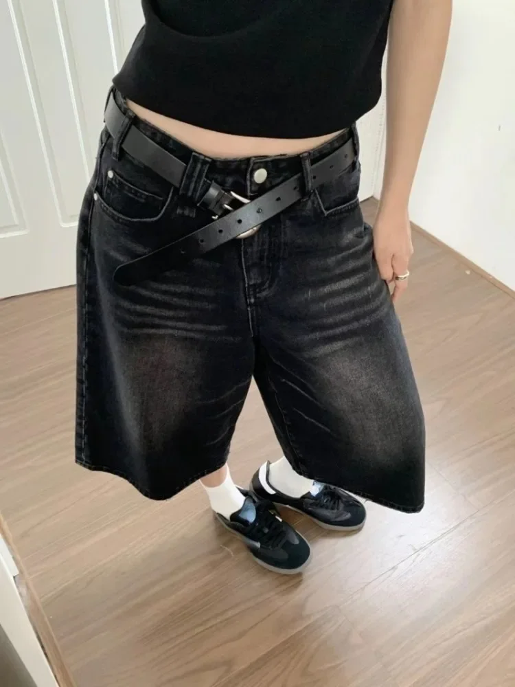 

2025 Y2k Retro Women Low Rise Jorts Brushed Black Wash Cropped Baggy Jeans Wide Leg Frayed Denim Short Pants Acubi Fashion