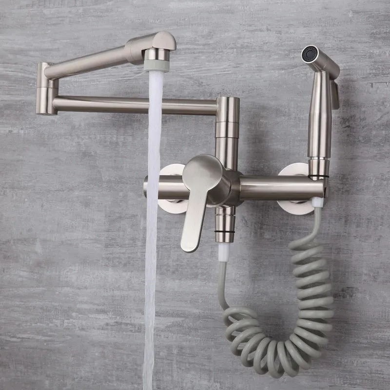 

Nickel/Chrome Gun Wall Mounted Rotation Foldable Kitchen Faucet Solid Brass Hot & Cold Sink Mixer Taps With Spray