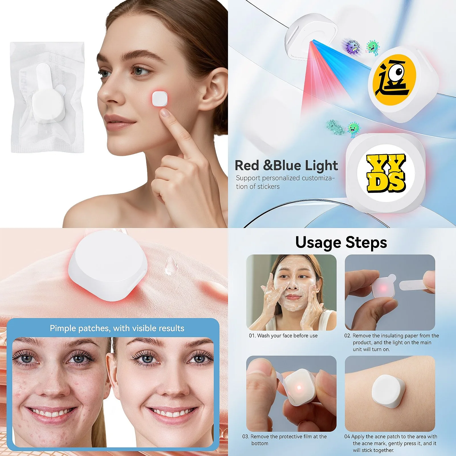 Electronic Red and Blue Light Acne Patches, Electronic Acne Removal Patches, Phototherapy Quick Acne Mark Fading Patches
