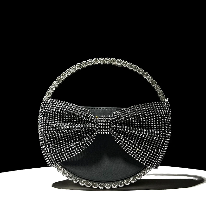 Metallic Handle Satin Evening Bag Crystal Rhinestones Diamond Bow Knot Circular Bag Women's Handbag Wedding Party Clutch Purse