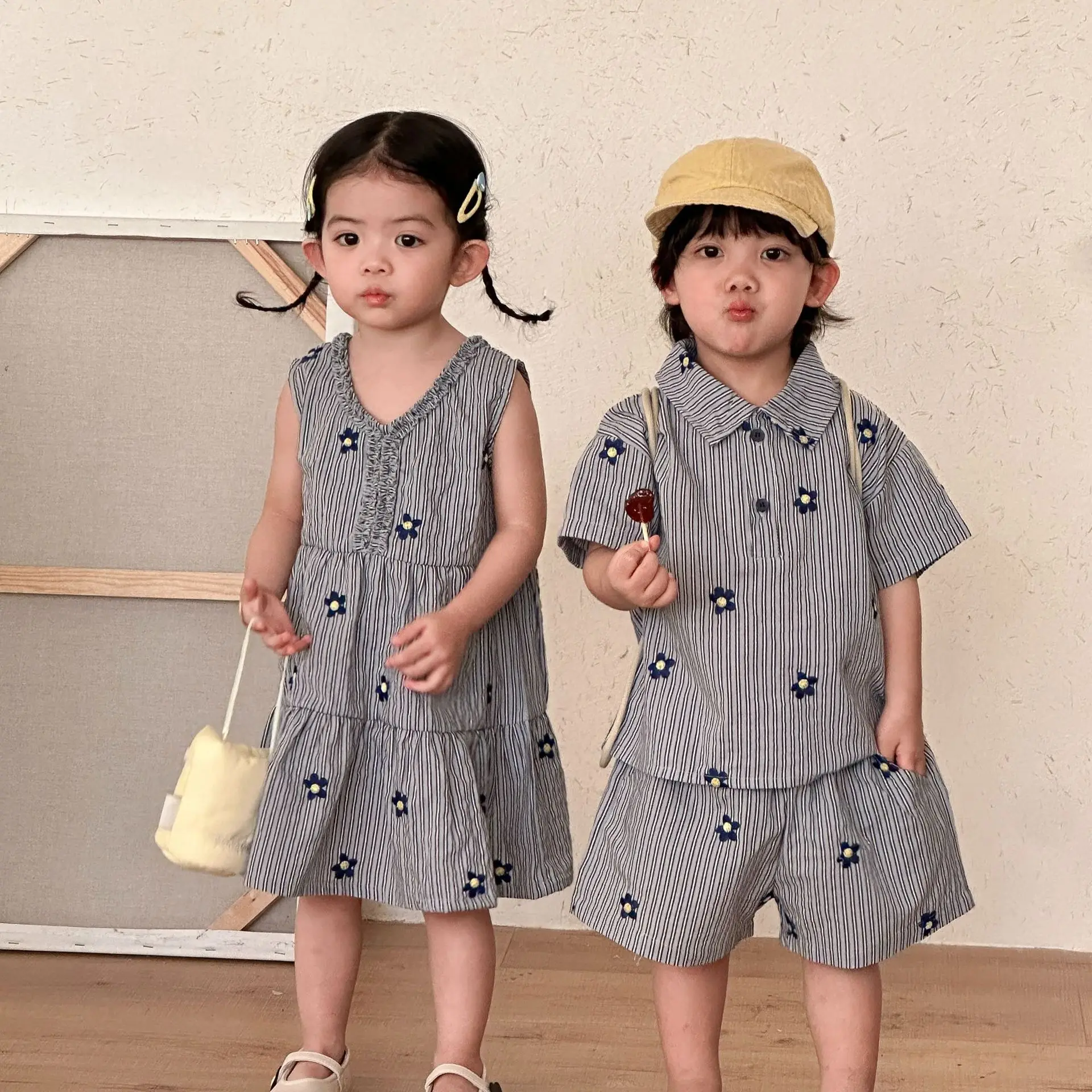 2026 Summer New Children Short Sleeve Clothes Set Boys Shirts Shorts Suit Cotton Girls Striped Vest Dress Brother Sister Outfits