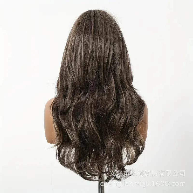 

Women's brown with highlights and bangs, full head synthetic fashion wig, popular on Instagram, versatile styling style