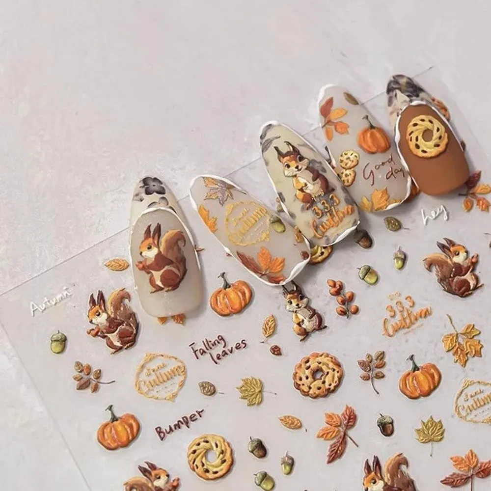 Self-Adhesive Nail Art Stickers Long Lasting Pine Cones Fallen Leaves Design 5D Embossed Design Waterproof Fall Design Stickers