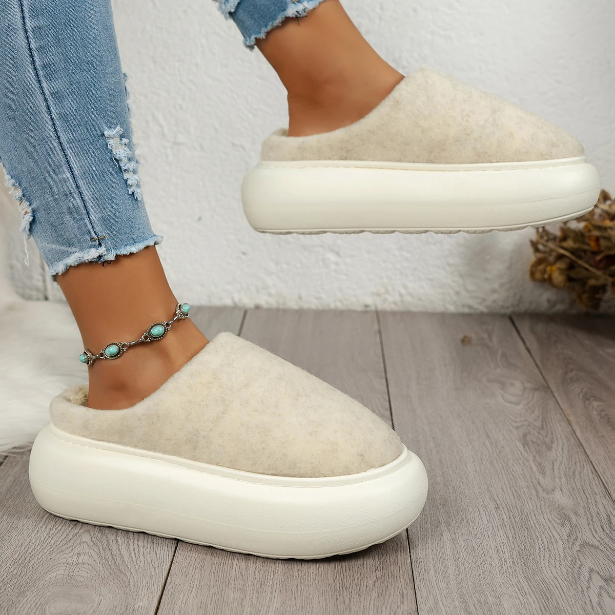 المرأة الشتاء بلون عادية مريحة المضادة للانزلاق الدافئة نعال قماش غطاء تو الانزلاق على النعال المنزل #5