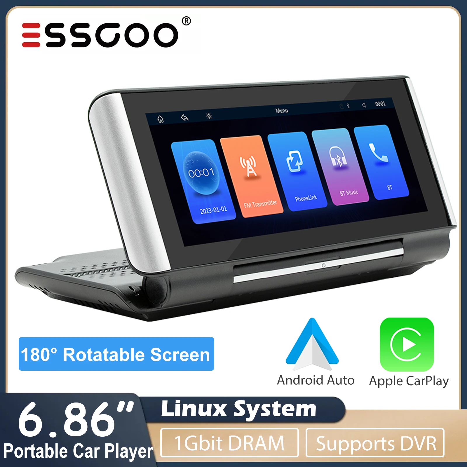 

ESSGOO 6.86” Wireless Carplay Car Radio Dashboard Monitor 180° Folding Screen Multimedia WIFI Video Player Universal Autoradio