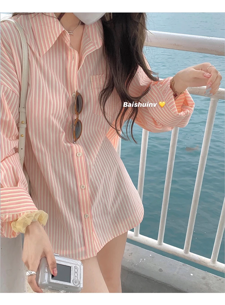 Pink Green Striped Shirt for Women Oversize Button-up Turn-down Collared Long Sleeve Blouse Ladies Tops Spring Summer Outfit