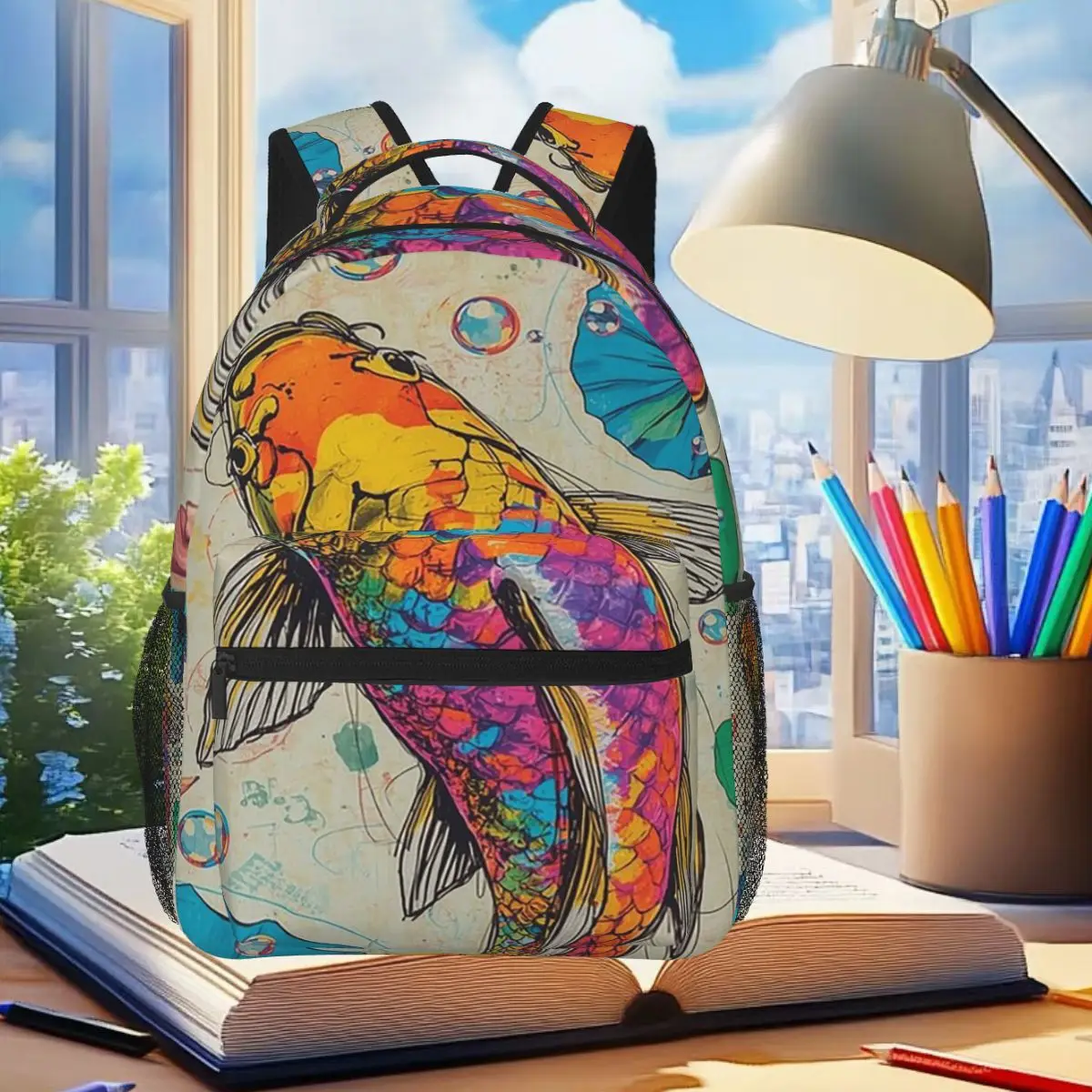 Vibrant Japanese Koi Fish Ripple Backpack Student Boys Girls BookBag Kids School Bag Computer Shoulder Bags for Men Women