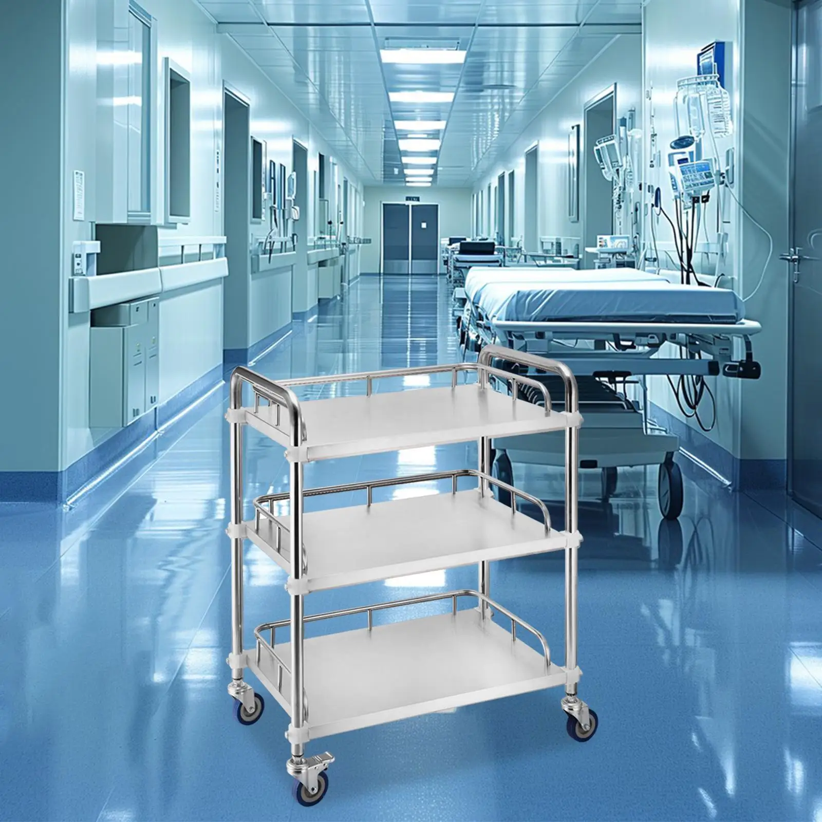 Mobile Lab Utility Cart with Brake Casters Sturdy Stainless Steel Salon Trolley for Kitchen Home