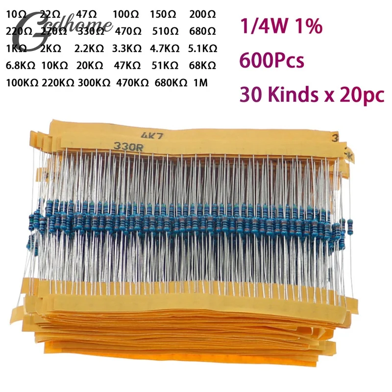 600pcs/set 30 Kinds 1/4W Resistance 1% Metal Film Resistor Pack Assorted Kit 1K 10K 100K 220ohm 1M Resistors