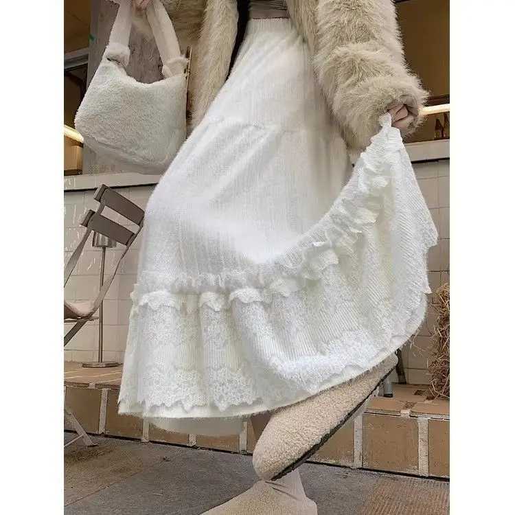 French Style Spring Fall Women High Waisted Stretchy Lace Patchwork Long Beige Skirt , Ladies Woman Skirts