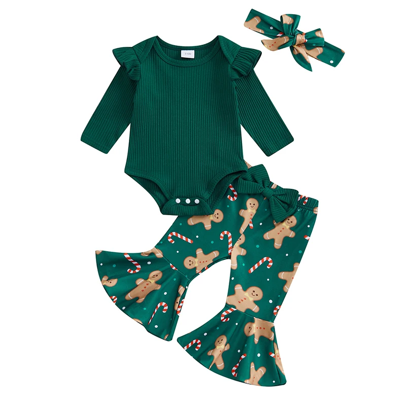 Newborn Baby Girl Christmas Outfit Solid Color Long Sleeve Romper Cute Print Flare Pants Headband 3PC Fall Clothes