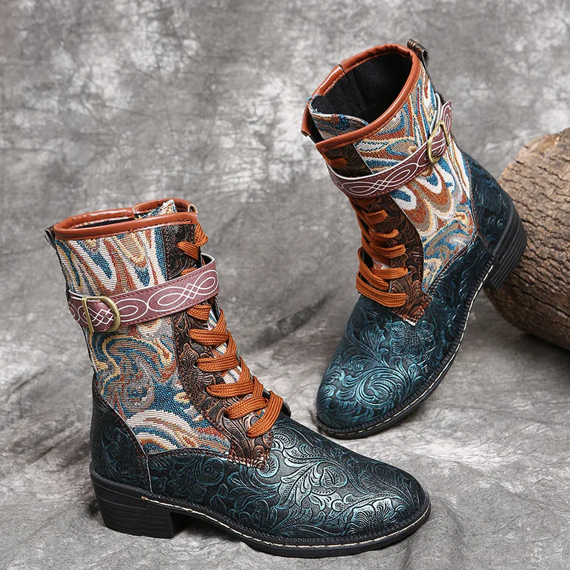 Europe Platform Boots for Woman Bohemian National Print Lace-up Boots Women's 35-43 Size Fashion Ankle Boots Female 2022