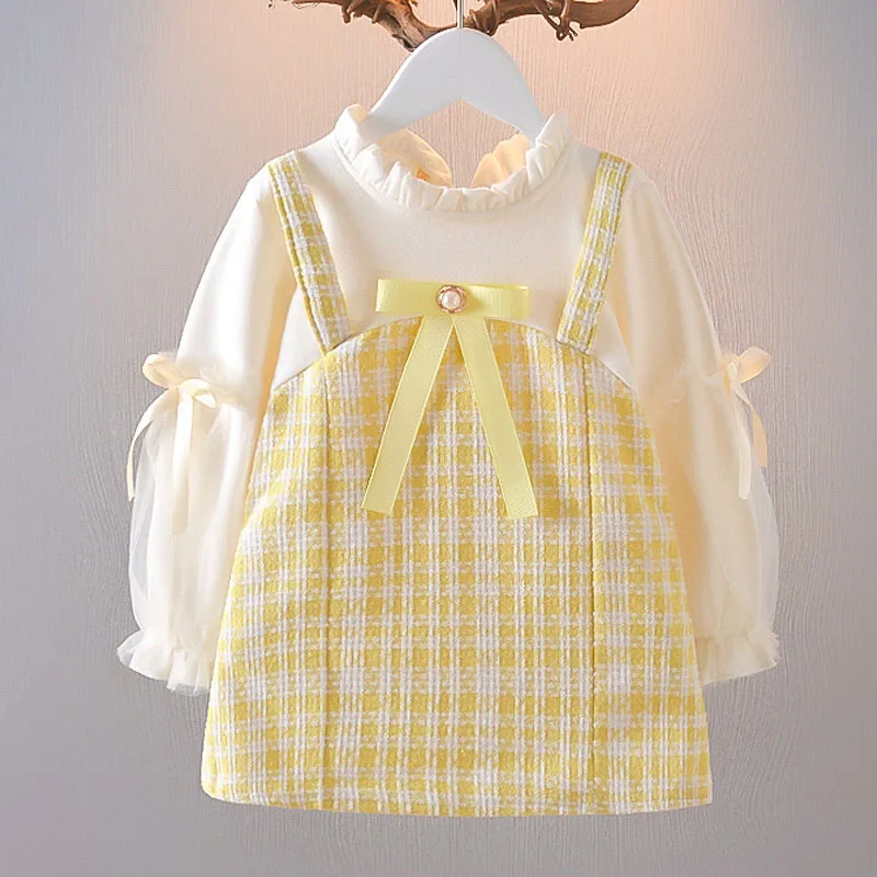 Kid Girl Dress Elegant Princess Costume Fashion Plaid Puff Sleeve Toddler Dress Wedding Party Baby Dress Children Outfit A916