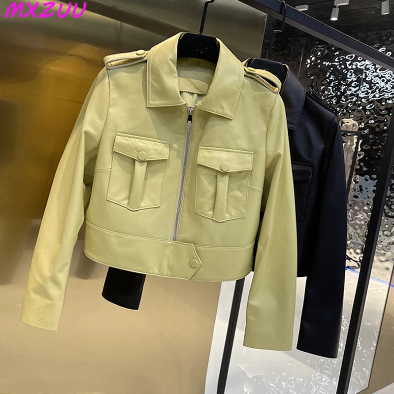 Autumn Clothing Female Short Pink/White/Yellow Locomotive Leather Jackets Women Genuine Sheepskin Lapel Pockets Slim Chaquetas