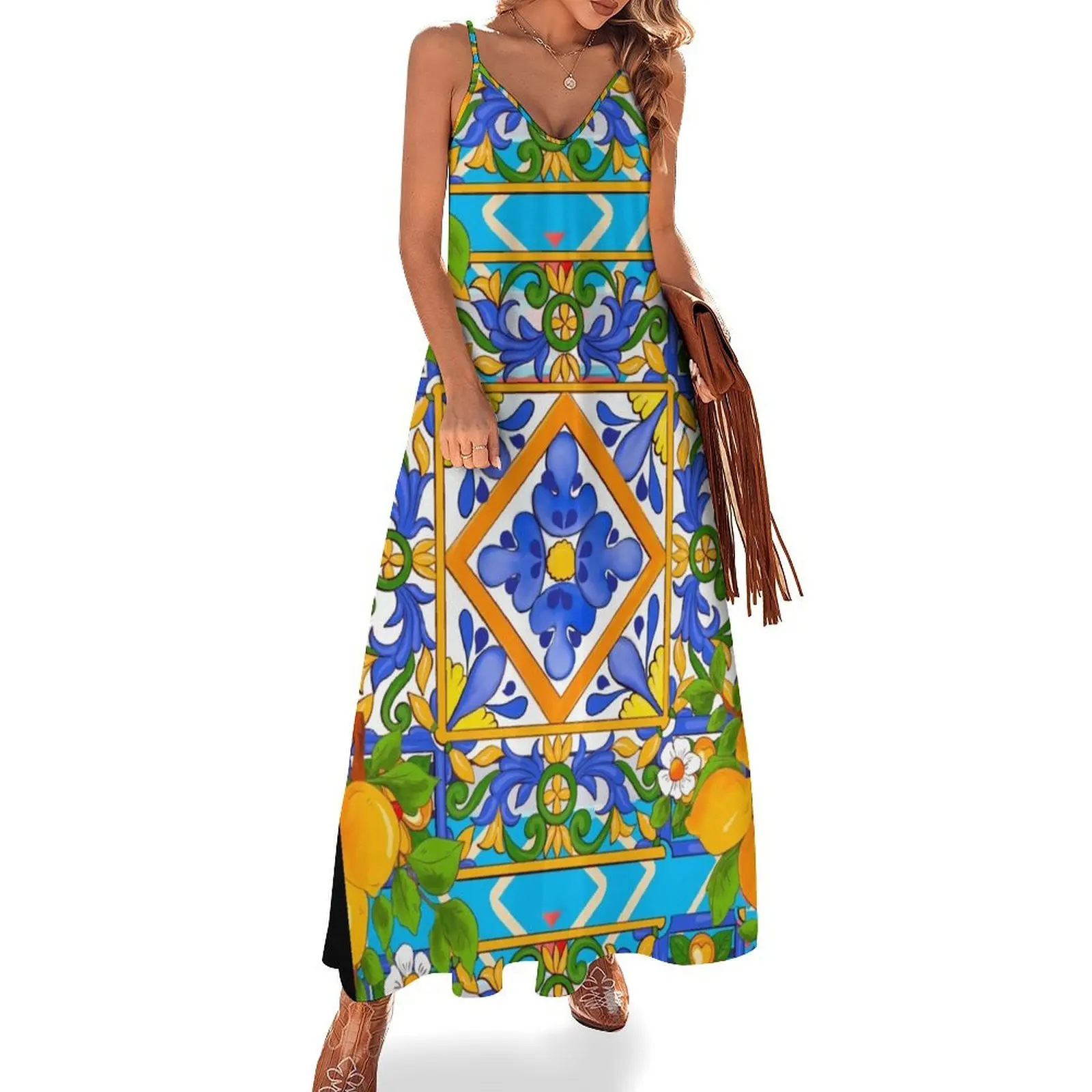 

Summer,citrus,mosaic background ,Mediterranean style,lemon fruit pattern Sleeveless Long Dress