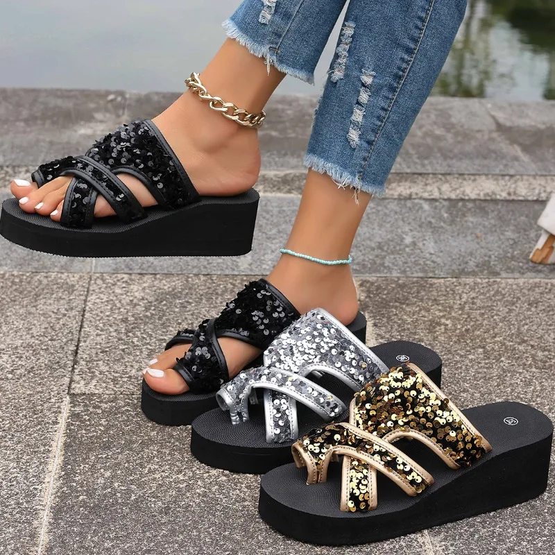 Zapatillas de mujer, moda de verano, decoración de lentejuelas, sandalias de cristal, zapatillas planas con punta abierta, chanclas cómodas informales para mujer