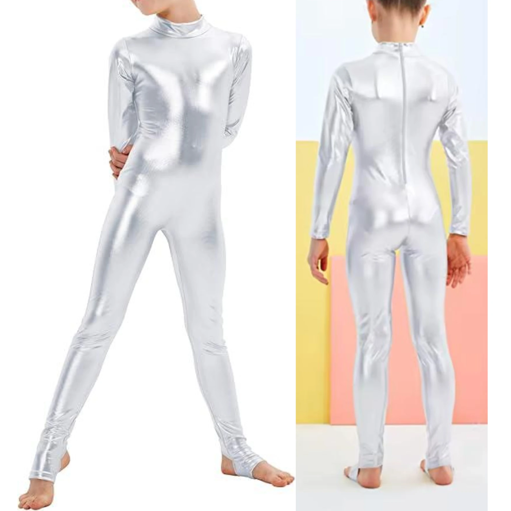 SPEERISE Ragazze Lucido Full Body Manica lunga Cerniera posteriore Dolcevita Staffa Unitard Bambini Ginnastica Danza Tute intere