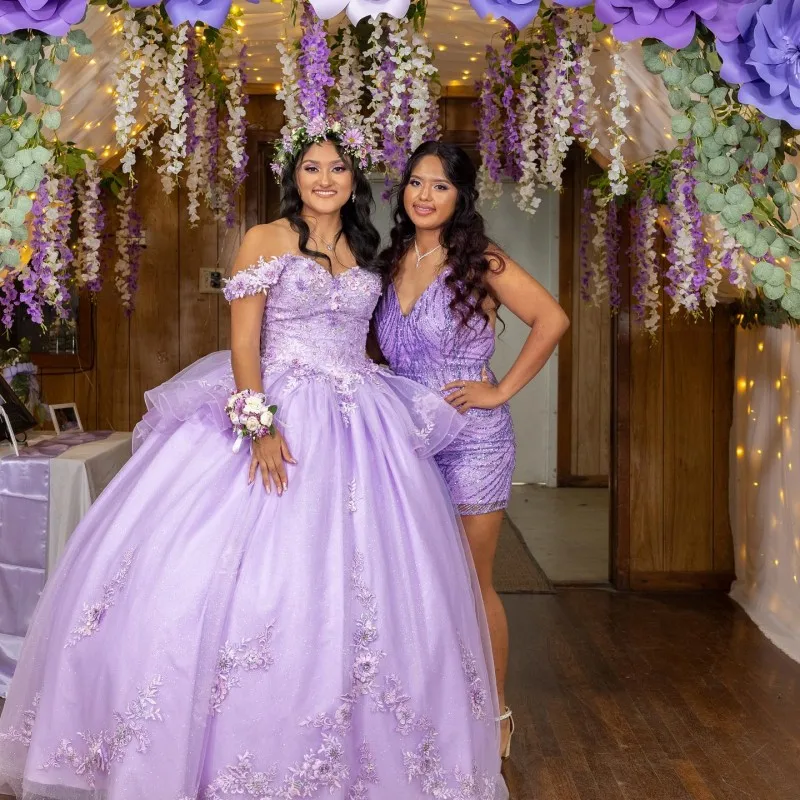 Vestido de baile de quinceañera con cuello en V para niñas, vestido de princesa lavanda, Sexy, con cuentas, flores en 3D, vestidos de fiesta de cumpleaños y graduación