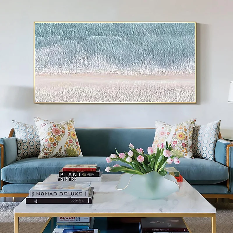 

Blue White Seaside Beach Oil Painting Abstract Summer Sea Scape Original Design Canvas Artwork For Home Decor Unframed As Gift