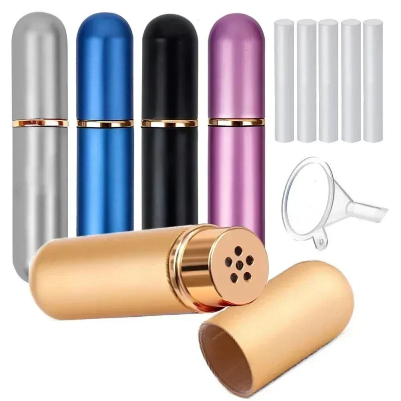 5Pcs Aluminum Essential Oils Nasal Inhaler Tubes Portable Perfume Travel Set Reusable Empty Nasal Inhaler with Cotton Wicks Gift